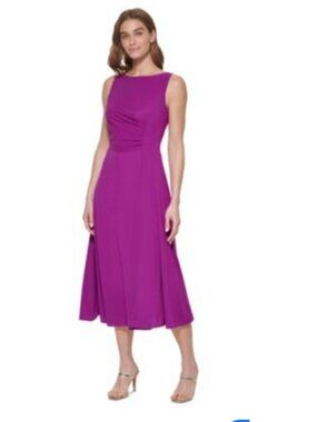 DKNY Womens Size 14 Elegant Ruched Sleeveless Midi Dress Purple Career Party